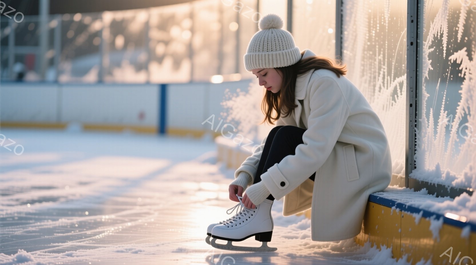 白いニット帽を被り、白いコートを着た女性が、アイススケートリンクの縁に座ってスケート靴の紐を結んでいます。彼女は黒いレギンスを履いており、少しうつむき加減で集中した表情をしています。背景にはスケートリンクが広がり、淡い光が反射し、冷たい冬の雰囲気を醸し出しています。