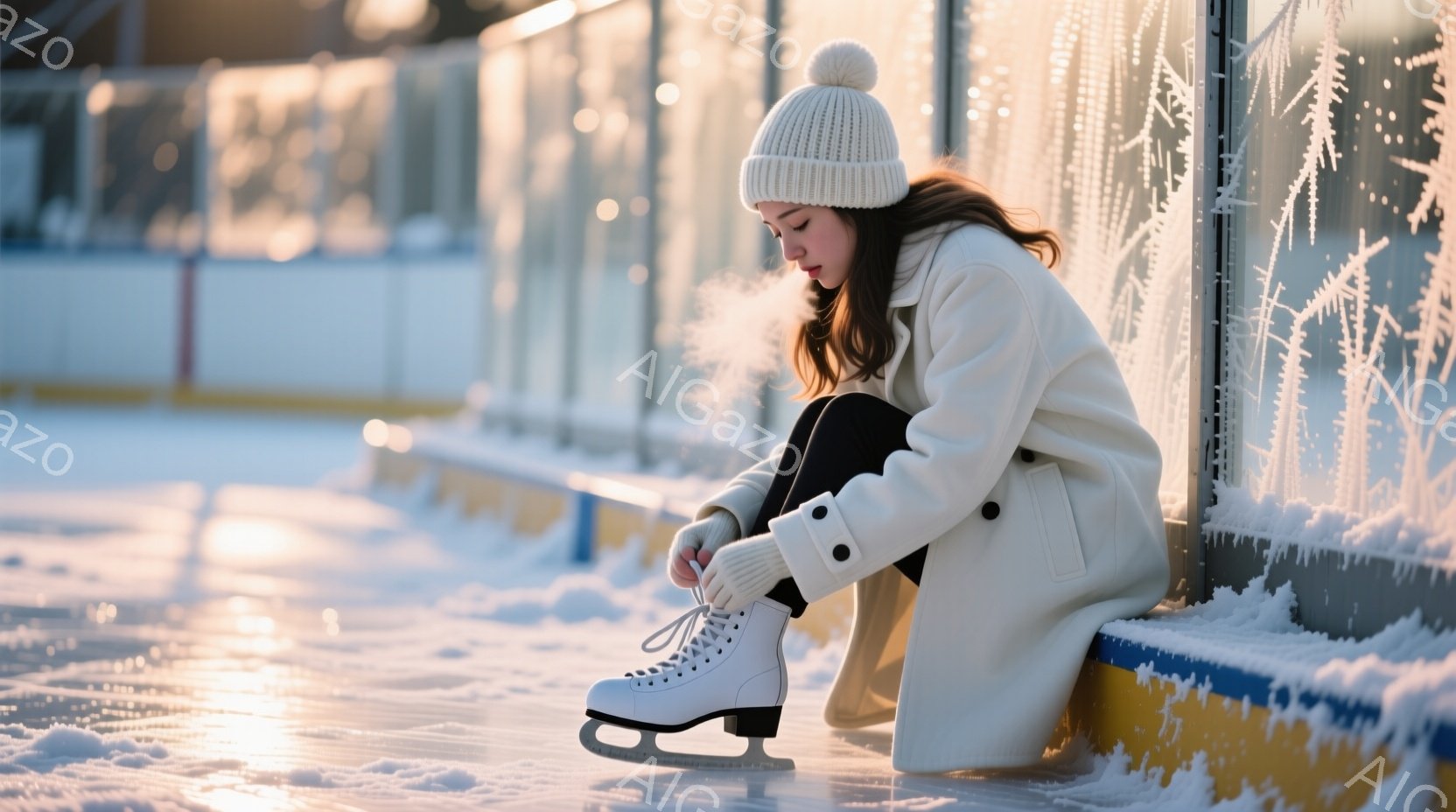 白いニット帽をかぶり、白いコートを着た若い女性が、スケート靴の紐を結びながら座っています。彼女は黒いレギンスを履いており、少しうつむき加減で集中した表情をしています。背景には氷上リンクと、霜で覆われた金属製の柵があり、冬の穏やかな雰囲気が漂っています。