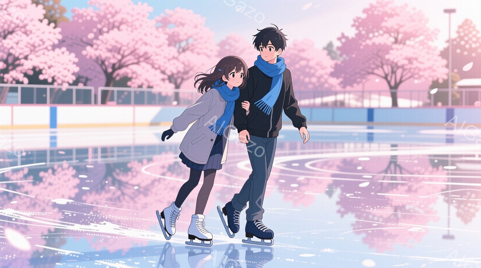 少女はピンクのセーターと短いスカート、少年は黒いジャケットとズボンを着用し、スケートリンクで手をつないで滑っている。二人は笑顔で、春の桜並木が背景に広がり、優しいピンク色に染まった空の下、暖かく穏やかな雰囲気が漂っている。スケートリンクの床は桜の花びらで覆われ、春の訪れを感じさせる美しい情景が描かれている。