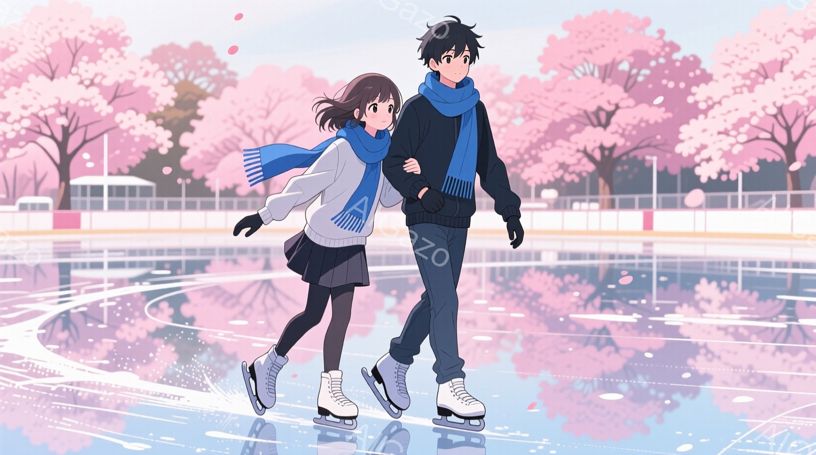 少女と少年がアイススケート場で滑っている様子が描かれている。少女は紺色のセーターにスカート、少年は黒いジャケットにジーンズ姿で、それぞれ首に水色のマフラーを巻いている。背景には、桜が満開の木々と、簡素な建物が見え、全体的に柔らかく、春らしい雰囲気が漂っている。