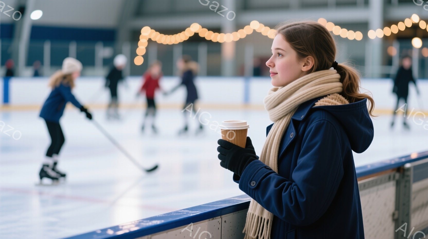 長い髪をポニーテールにした女性が、アイススケートリンクの柵にもたれかかり、紙コップに入った飲み物を手にしています。彼女は濃い青色のジャケットと黒い手袋、そしてベージュの暖かいスカーフを身につけており、何かを考え込んでいるような表情をしています。背景には、アイススケートを楽しんでいる人々やリンクの天井の照明が見え、冬の屋内スポーツを楽しむ穏やかな雰囲気が漂っています。