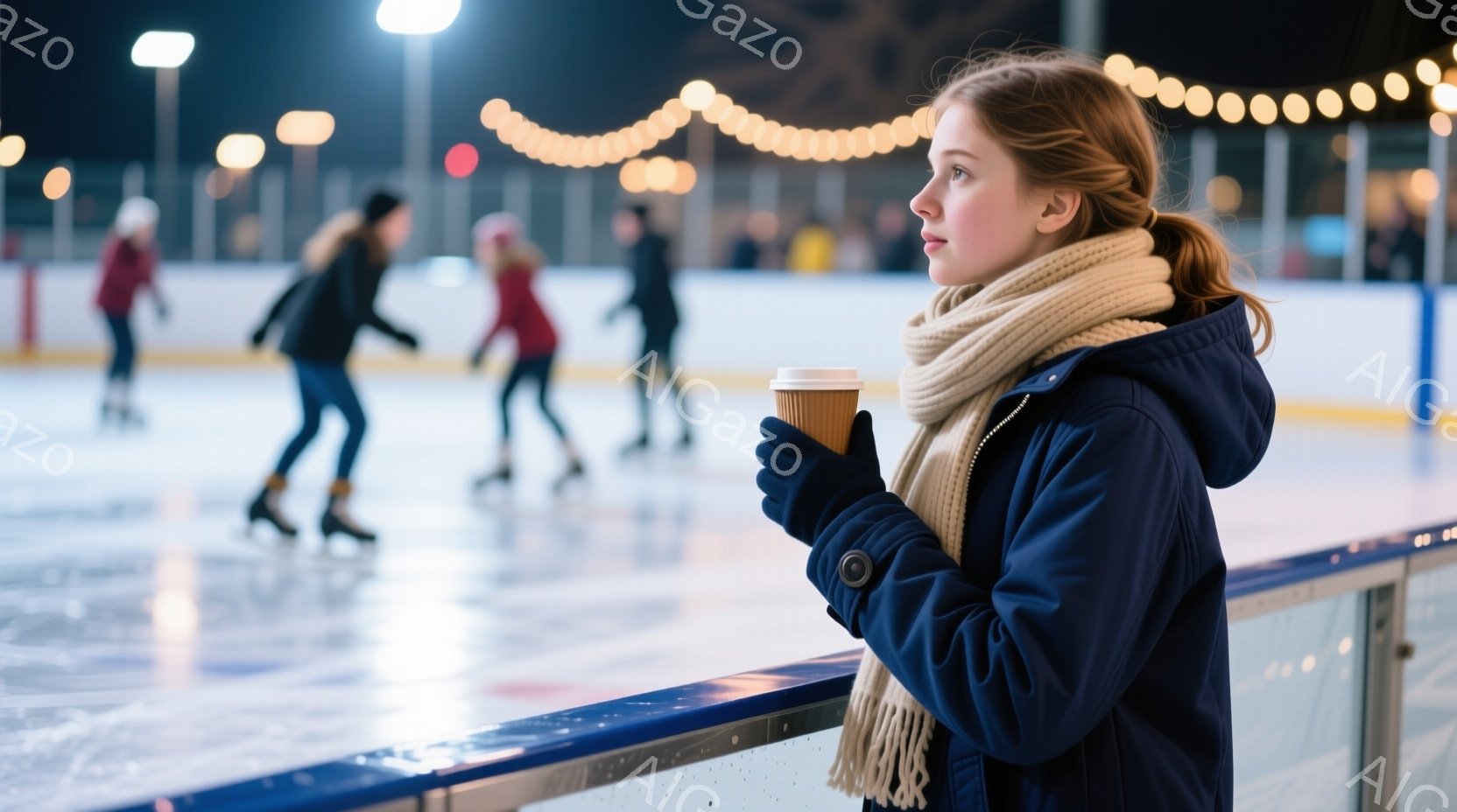長い茶色の髪を後ろでまとめた若い女性が、スケートリンクの柵にもたれて立っている。彼女は濃い青色のジャケットとクリーム色のマフラーを身に着け、片手に暖かい飲み物を手にしている。背景には、他のスケーターたちがリンクで滑走し、暖かい光の装飾が夜空を照らしている。