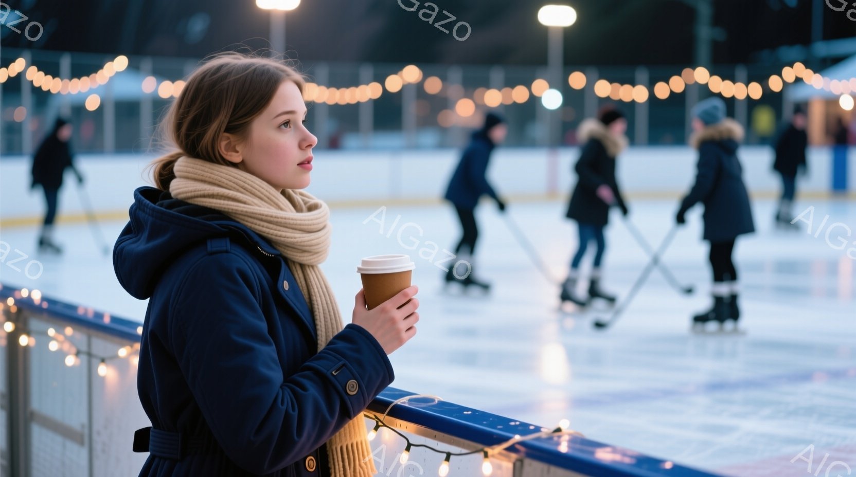 若い女性がアイススケートリンクのそばに立っており、暖かい飲み物を持っています。彼女はネイビーブルーのコートとオレンジ色のマフラーを身につけ、髪は後ろで結ばれています。リンクでは、複数の人々がアイススケートを楽しんでおり、背景にはぼんやりと街灯が見え、暖かい光が灯っています。
