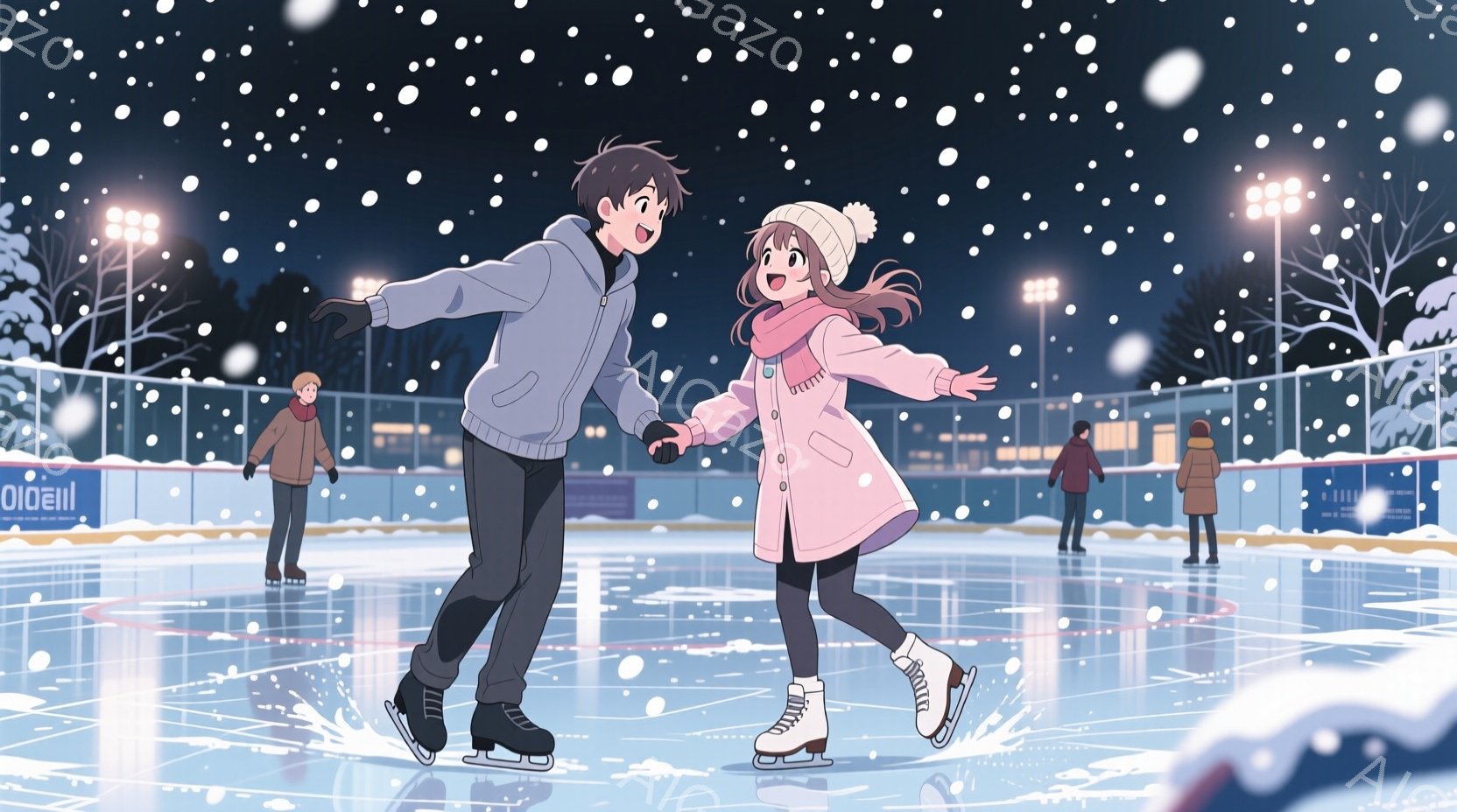 若い男女が屋外のスケートリンクで手をつないでスケートを楽しんでいる様子を描いています。少年は紺色の服に白いセーター、少年はピンクのコートにニット帽をかぶり、楽しそうな表情でスケートをしています。背景に - AI生成フリー素材
