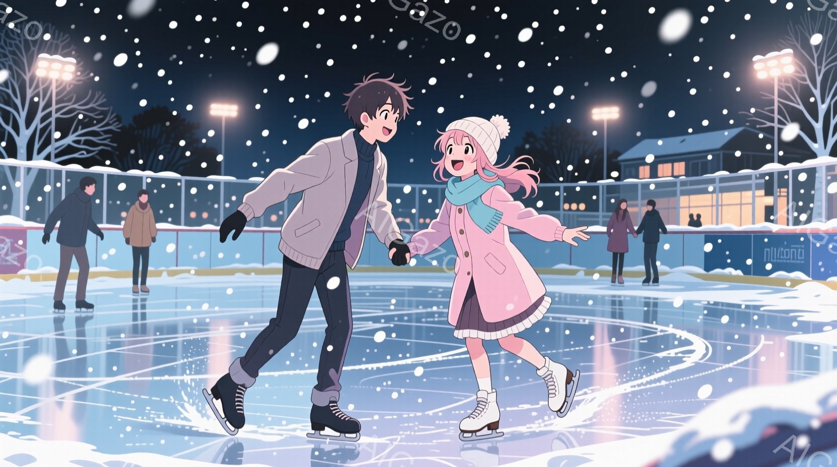 屋外スケートリンクでスケートを楽しむ若い男女が描かれています。少年は紺色のズボンにグレーのセーター、ピンクの髪の少女はピンクのコートと帽子を着用し、手をつないで滑っています。背景には、雪が降る夜の建物と街路灯が見え、ロマンチックで冬の雰囲気が漂っています。