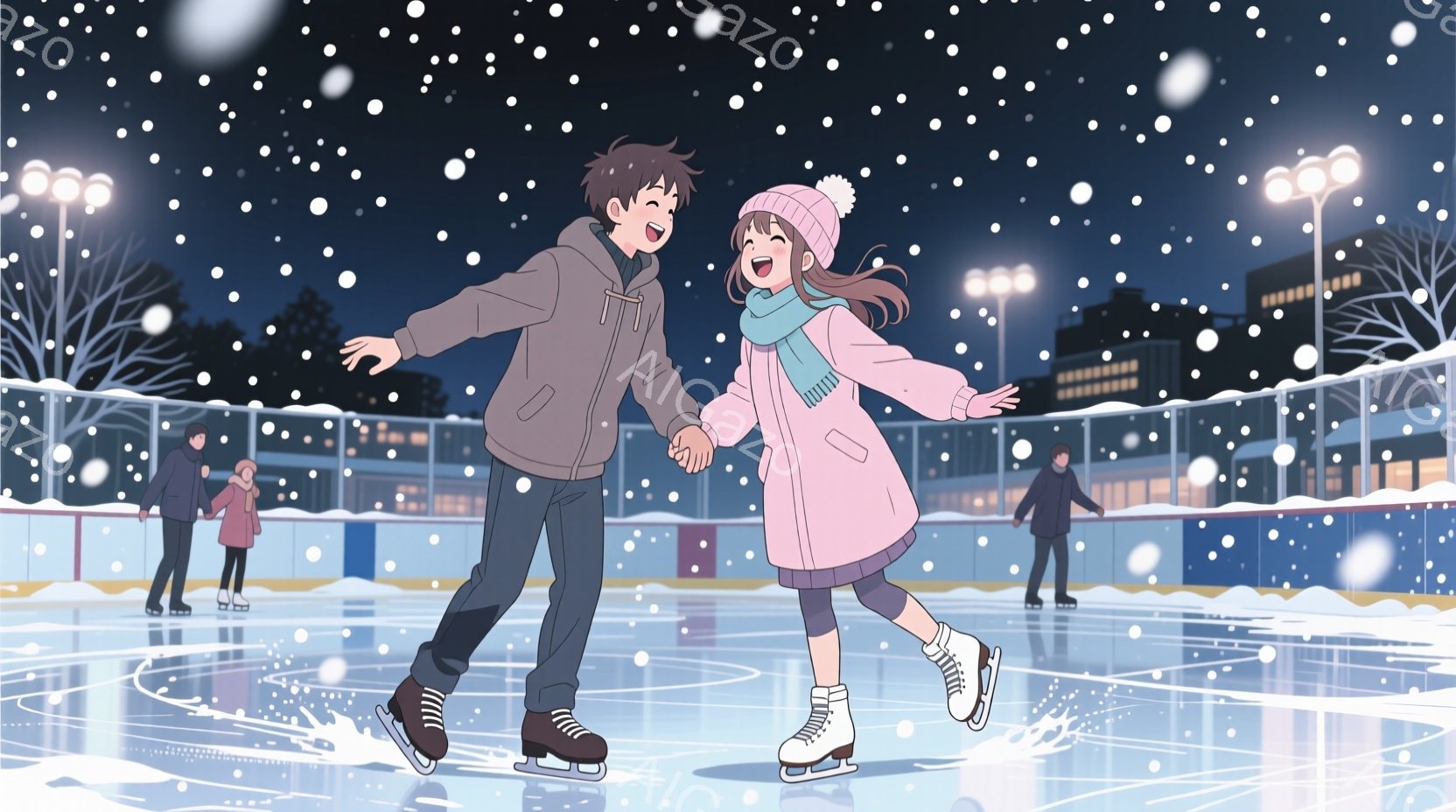 リンクの上で、若い男女が手をつないでスケートを楽しんでいる様子が描かれています。少年は紺色のパーカーとジーンズ姿で、少女はピンクのコートに緑色のマフラーを巻いており、両者とも笑顔で滑走しています。背景 - AI生成フリー素材