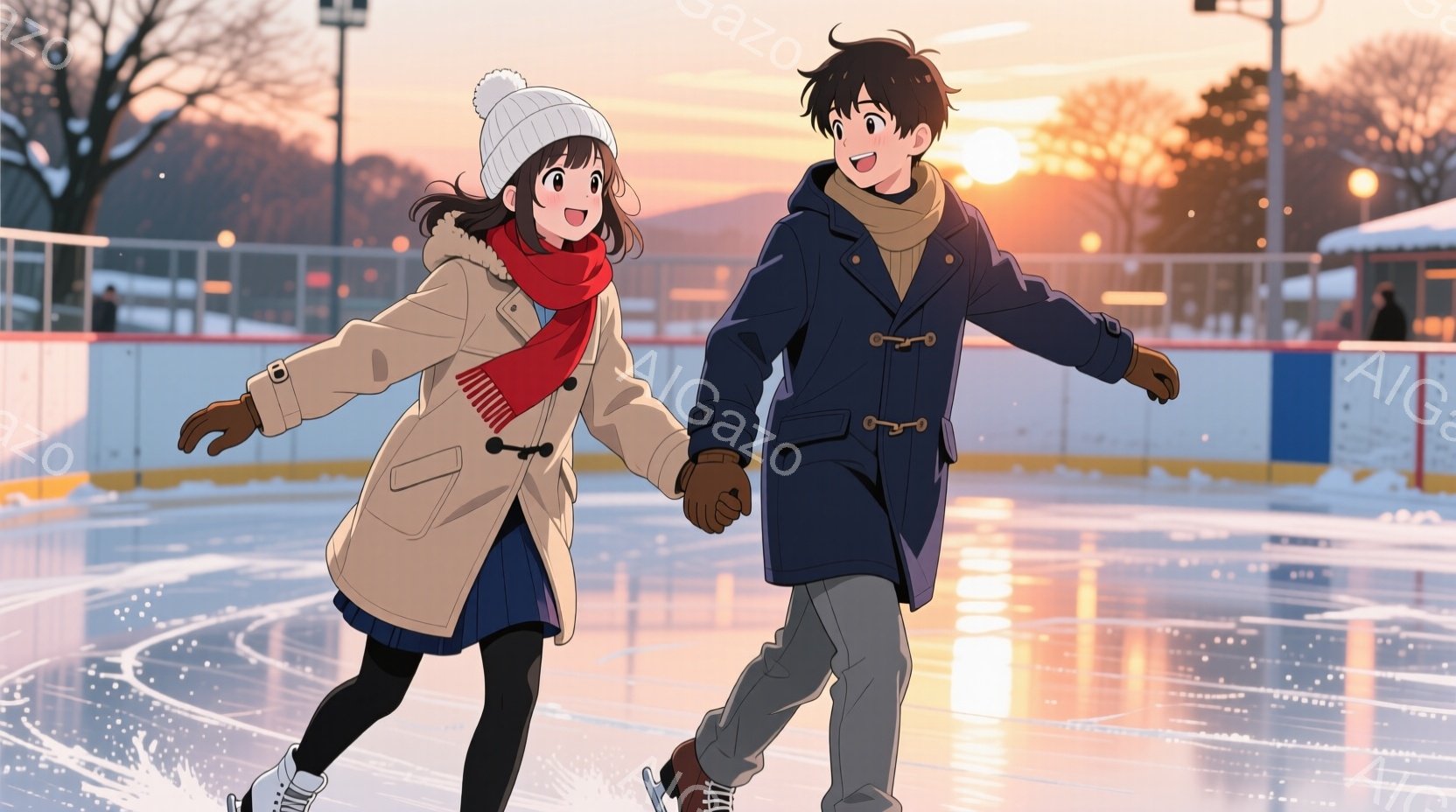スケートリンクで手をつないで滑る若い男女が描かれています。女性はニット帽を被り、赤いマフラーとベージュのコートを着て、笑顔を浮かべています。背景には、夕焼け空の下、木々や建物が見え、暖かくロマンチック - AI生成フリー素材