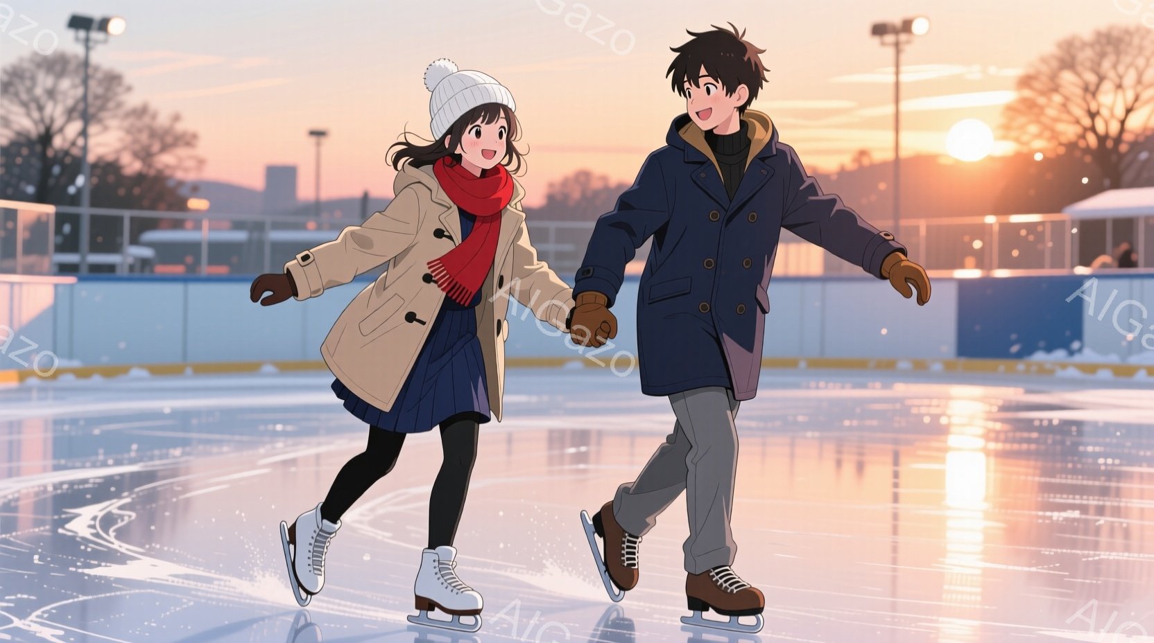 少女は白い帽子をかぶり、赤いマフラーを巻いて、ベージュ色のコートを着ています。少年は紺色のコートを着て、少し前かがみになりながらスケートリンクで少女の手を引いています。背景には夕焼け空と遠くの建物が見 - AI生成フリー素材