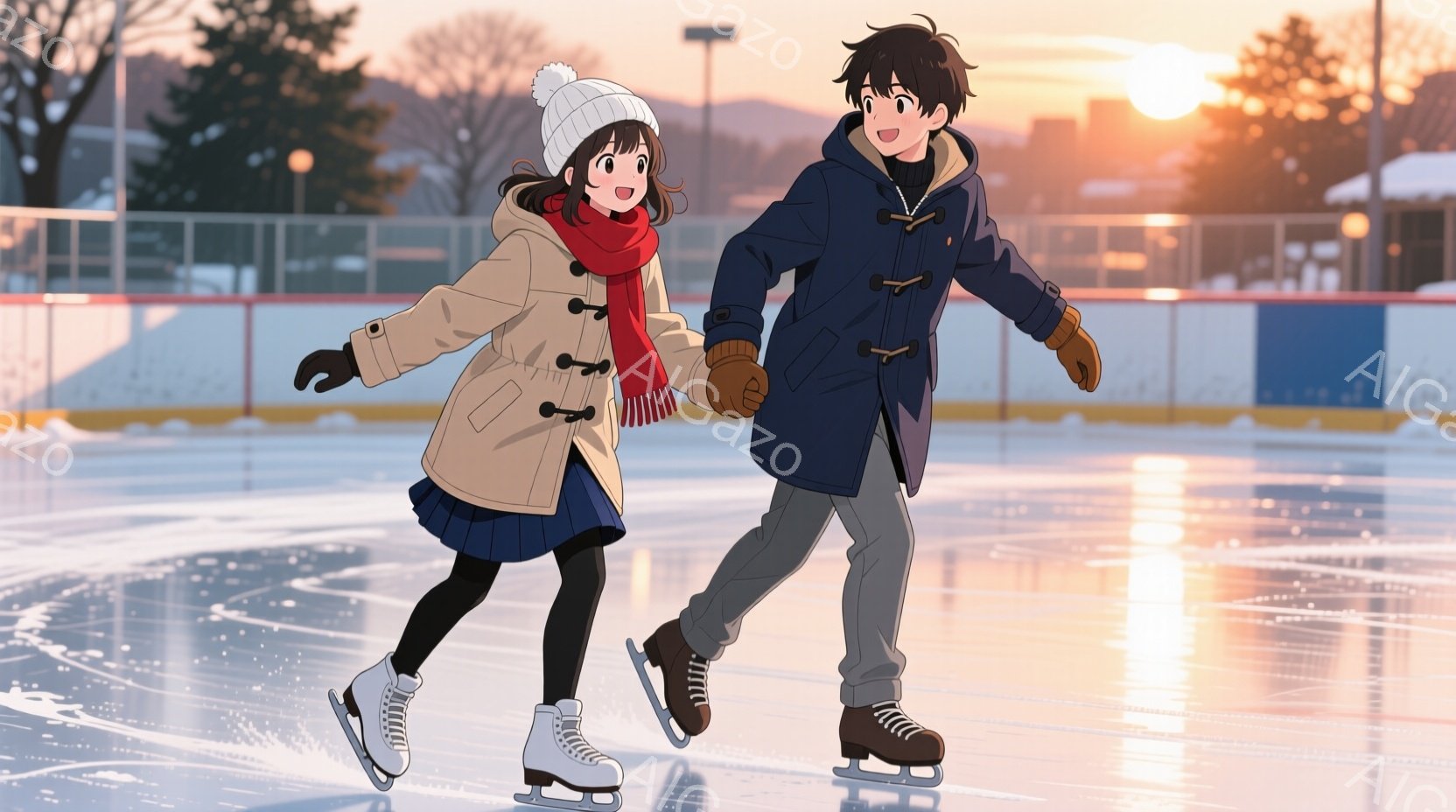 アイススケートリンクでスケートをする男女が描かれています。女性は茶色のニット帽を被り、ベージュのコートと紺色のスカートを着て、赤いマフラーを巻いています。男性は紺色のコートを着ており、二人は手をつないで滑っており、背景には建物と夕焼けが見え、温かく穏やかな雰囲気が漂っています。
