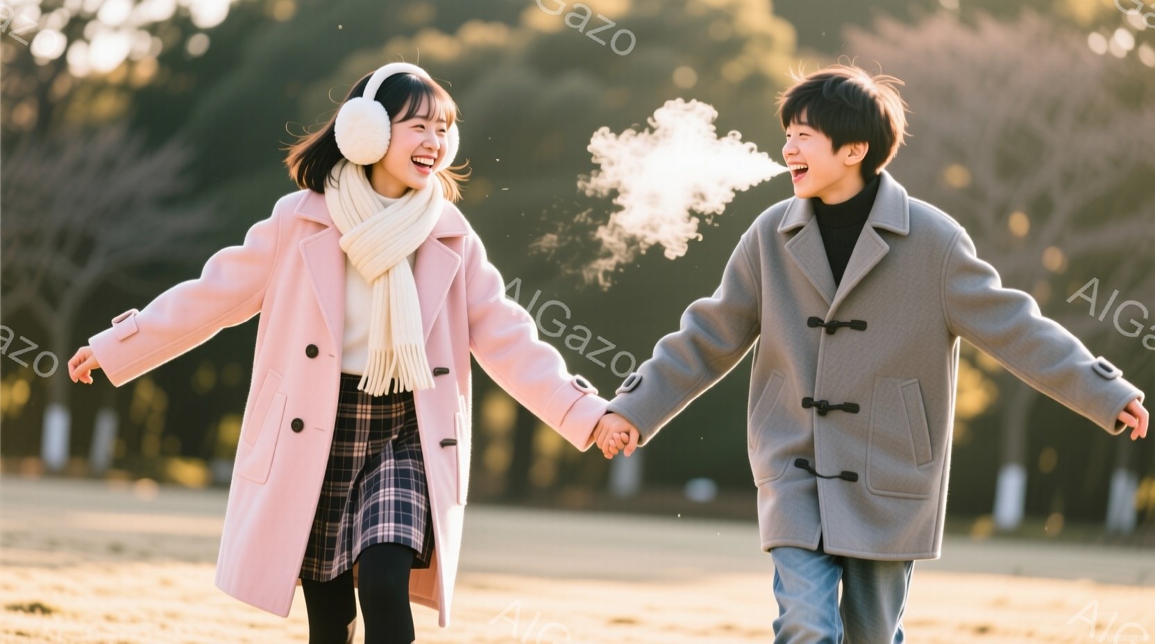 少女と少年が手をつないで走っており、楽しそうな表情をしている。少女はピンク色のコートにチェック柄のスカート、黒いタイツ、そして白い耳当てを付けている。背景には木々が見え、暖かく穏やかな冬の日、または春 - AI生成フリー素材