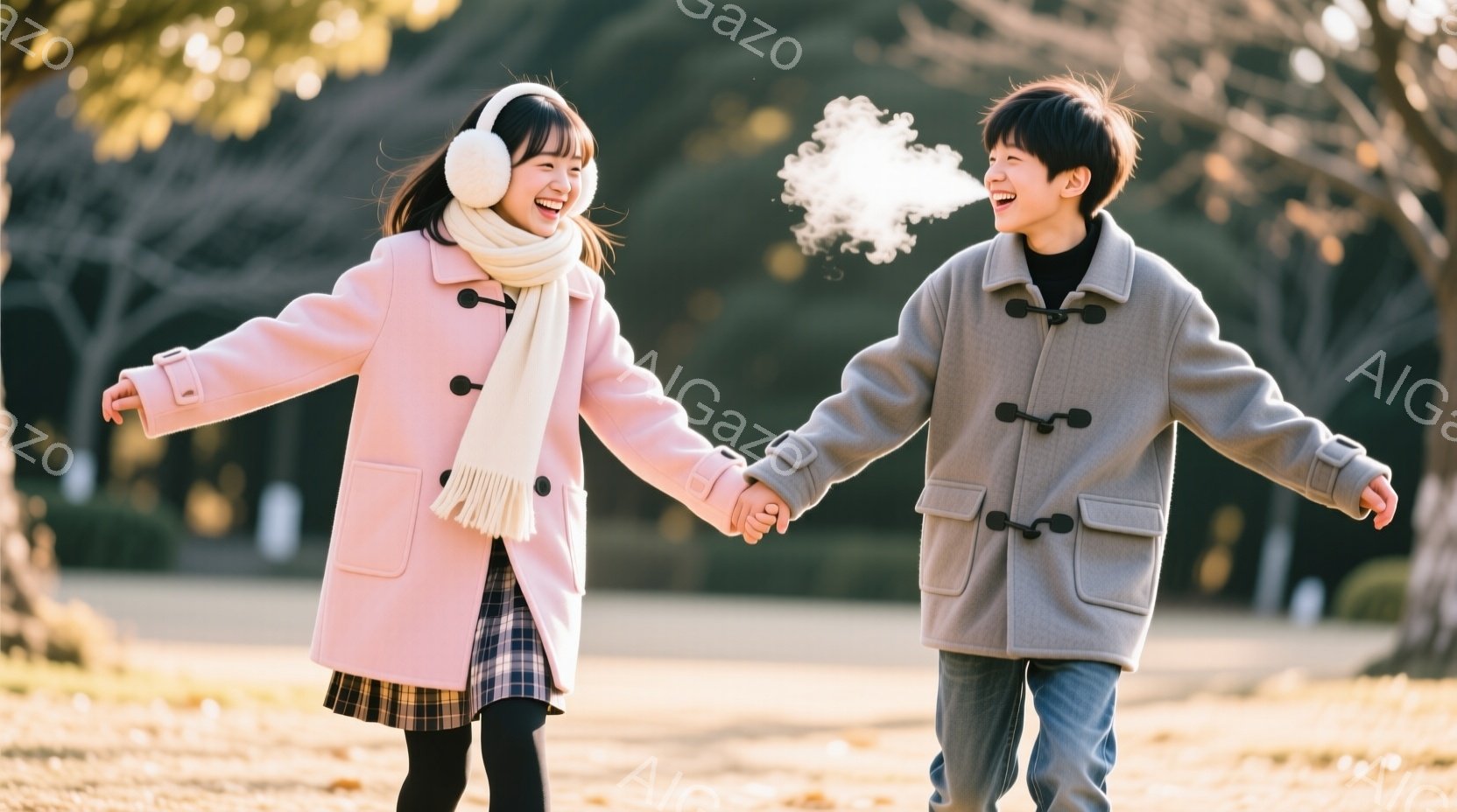 幼い少女と少年が手をつないで草原を駆け抜けている。少女はピンク色のコートにマフラー、耳当てをつけ、笑顔で右手を大きく広げている。少年はグレーのコートを着ており、息を吐き出して白い湯気が漂い、楽しそうに走っている。