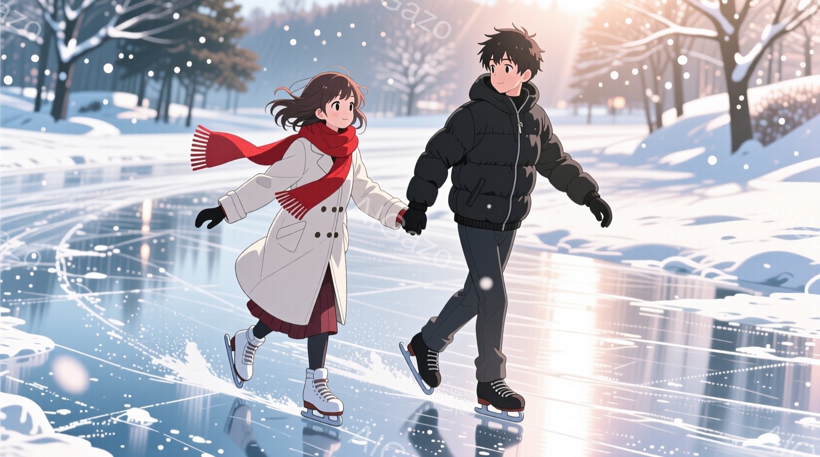 雪景色の中で、若い男女がアイススケートを楽しんでいる様子が描かれている。女性は白いコートに赤いマフラーを巻き、茶色の髪を少し長く伸ばしている。男性は黒いジャケットとズボンを身につけ、二人ともリンク上で - AI生成フリー素材