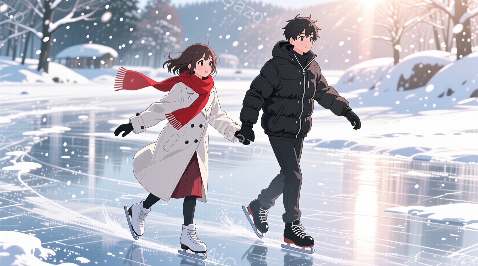 長い黒髪を後ろで一つに結んだ女性は、白いコートと赤いスカート、赤いマフラーを身に着けてアイススケートを楽しんでいます。彼女は少し微笑み、男性と手をつないで滑っています。背景には雪景色が広がり、木々や遠くの建物が見え、氷の上の光の反射が美しい冬の雰囲気を醸し出しています。