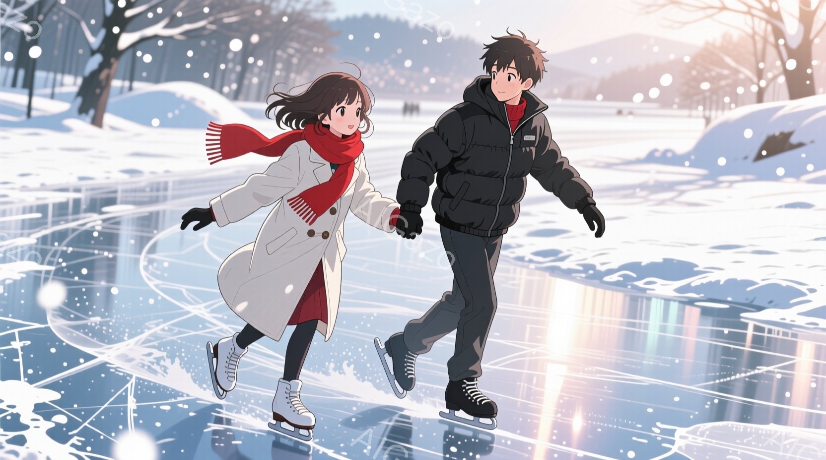 屋外のスケートリンクでスケートを楽しむ若い男女が描かれています。女性は白いコートと赤いマフラーを身につけ、黒髪を長く伸ばしています。男性は黒いパディングジャケットとズボンを着用し、少し緊張した表情で女性の手を握っています。