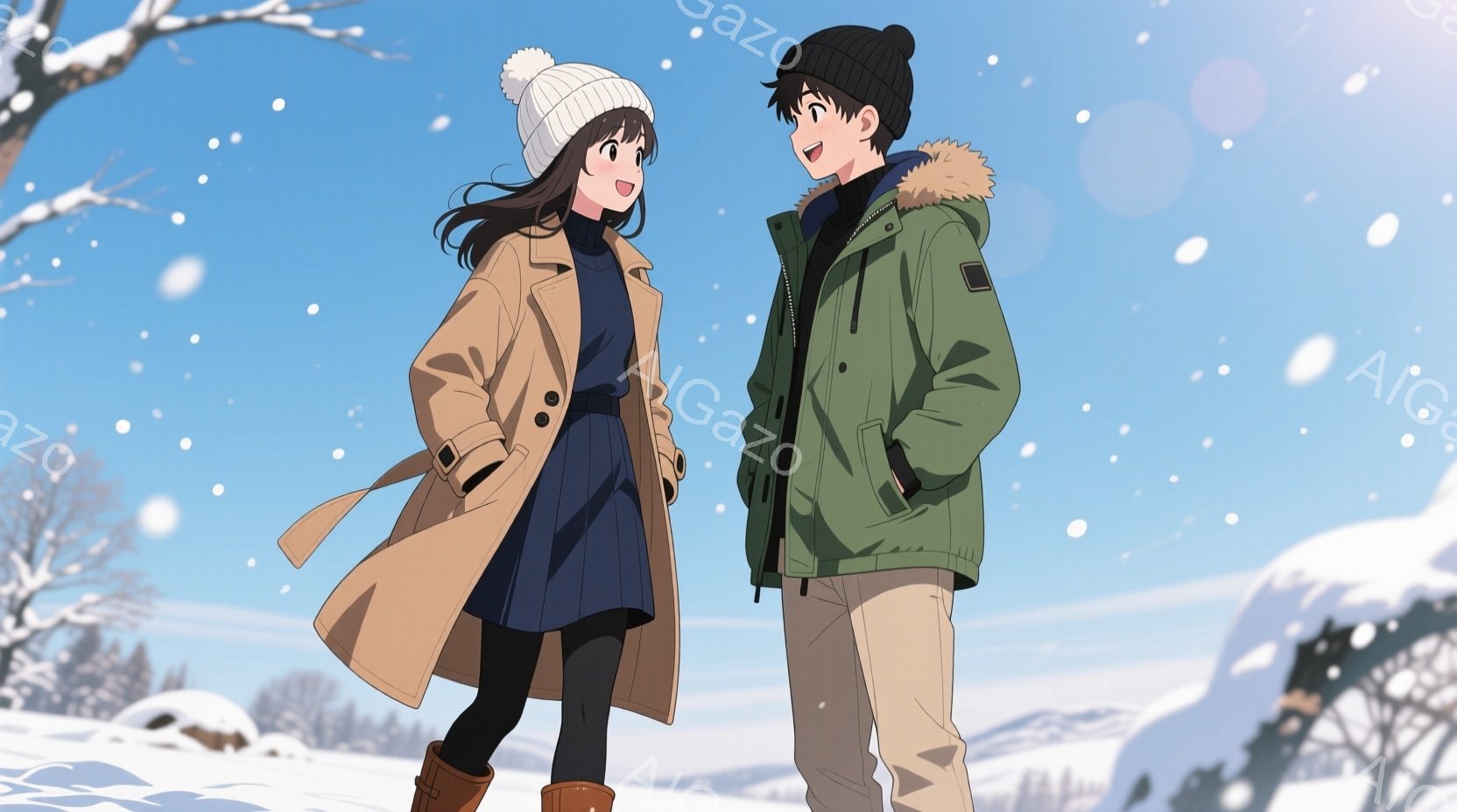 雪が降る冬の風景の中で、若い男女が寄り添っている様子を描いたアニメ風のイラストです。 女性はベージュのトレンチコートとニット帽を着用し、微笑みながら男性を見つめています。男性は緑色のダウンジャケットを着て、少し照れたような表情で女性を見返しています。背景には雪景色が広がり、穏やかで温かい雰囲気を醸し出しています。