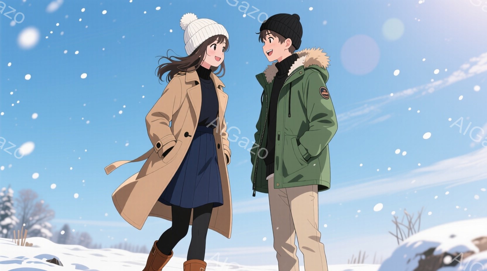 雪が降る冬の日に、若い男女が並んで立っています。女性はベージュのコートに紺色のワンピース、黒いタイツ、茶色のブーツを履き、白いニット帽をかぶっています。男性は緑色のミリタリージャケット、ベージュのズボン、黒いニット帽をかぶり、少し上を見ている表情は穏やかで、二人は肩を並べて歩いているようです。