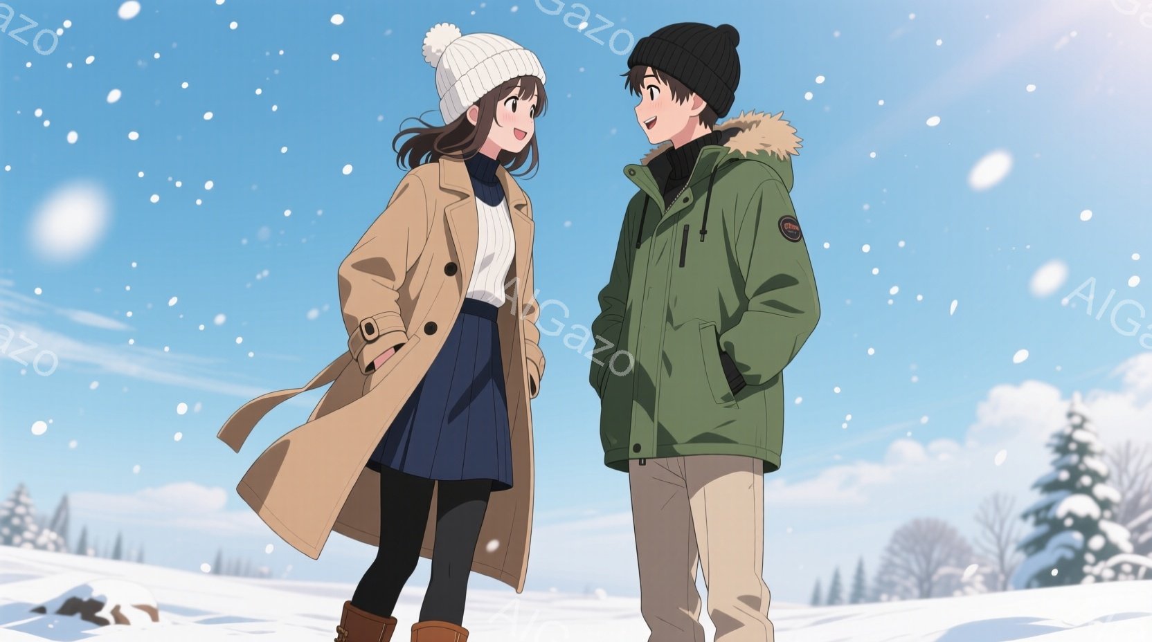 雪景色の中、若い男女が並んで立っている。女性はベージュ色のコートに紺色のスカート、茶色のブーツを履き、白いニット帽をかぶっている。男性は緑色のジャケットにベージュ色のズボン、黒いニット帽をかぶり、少し - AI生成フリー素材