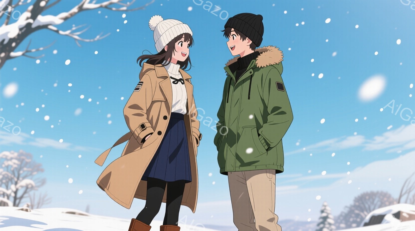 雪景色の中、若い男女が並んで立っている。女性はベージュのコートに紺色のスカート、茶色のブーツを履き、白いニット帽を被っている。男性は緑色のジャケットにベージュのパンツ、黒いニット帽を被っており、二人は顔を見合わせて微笑んでいる。