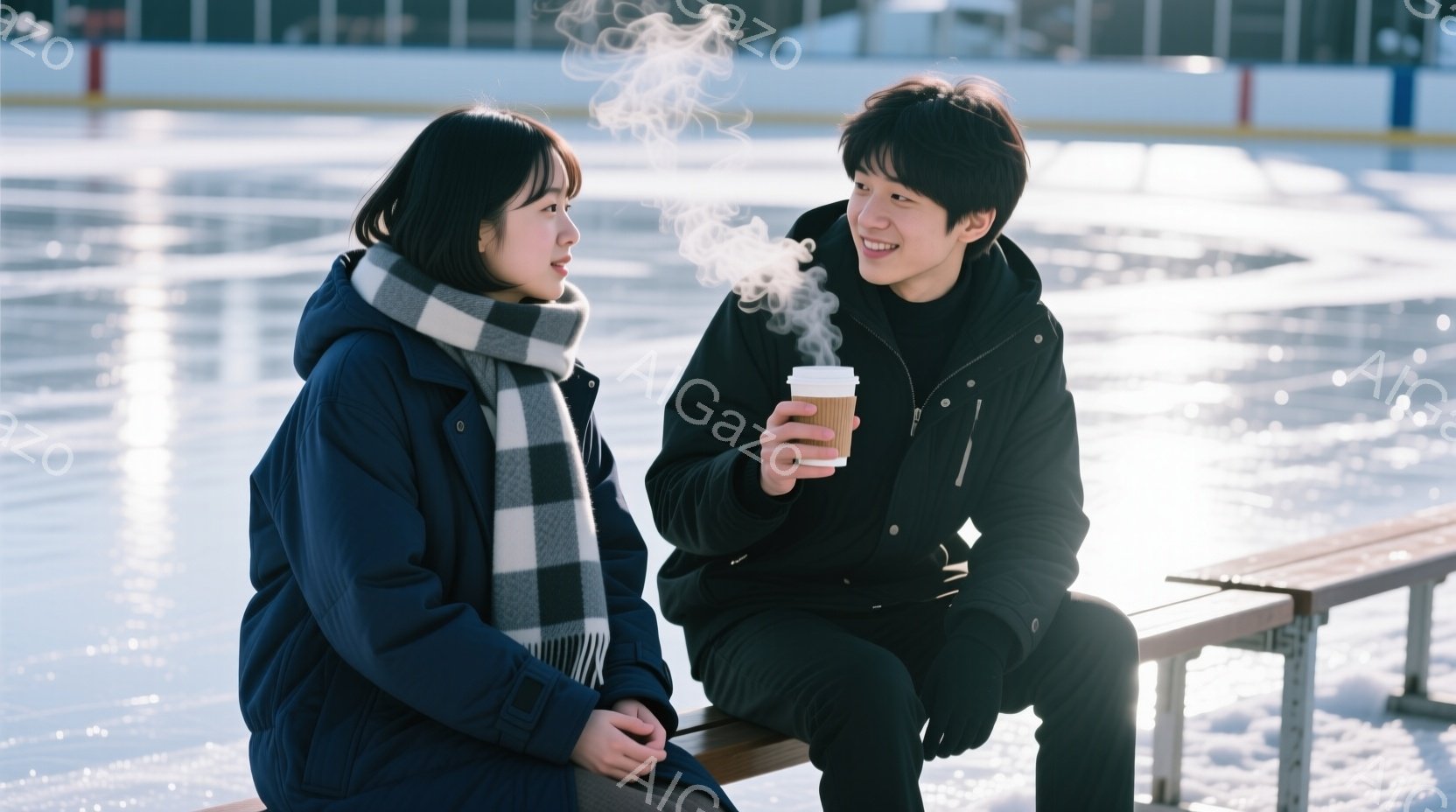 スケートリンクのベンチに座っている若い男女が写っています。女性は紺色のパーカーに白い縞模様のスカーフを巻き、黒髪を肩下まで伸ばしています。男性は黒いジャケットとズボンを着用し、暖かい飲み物を手にしています。