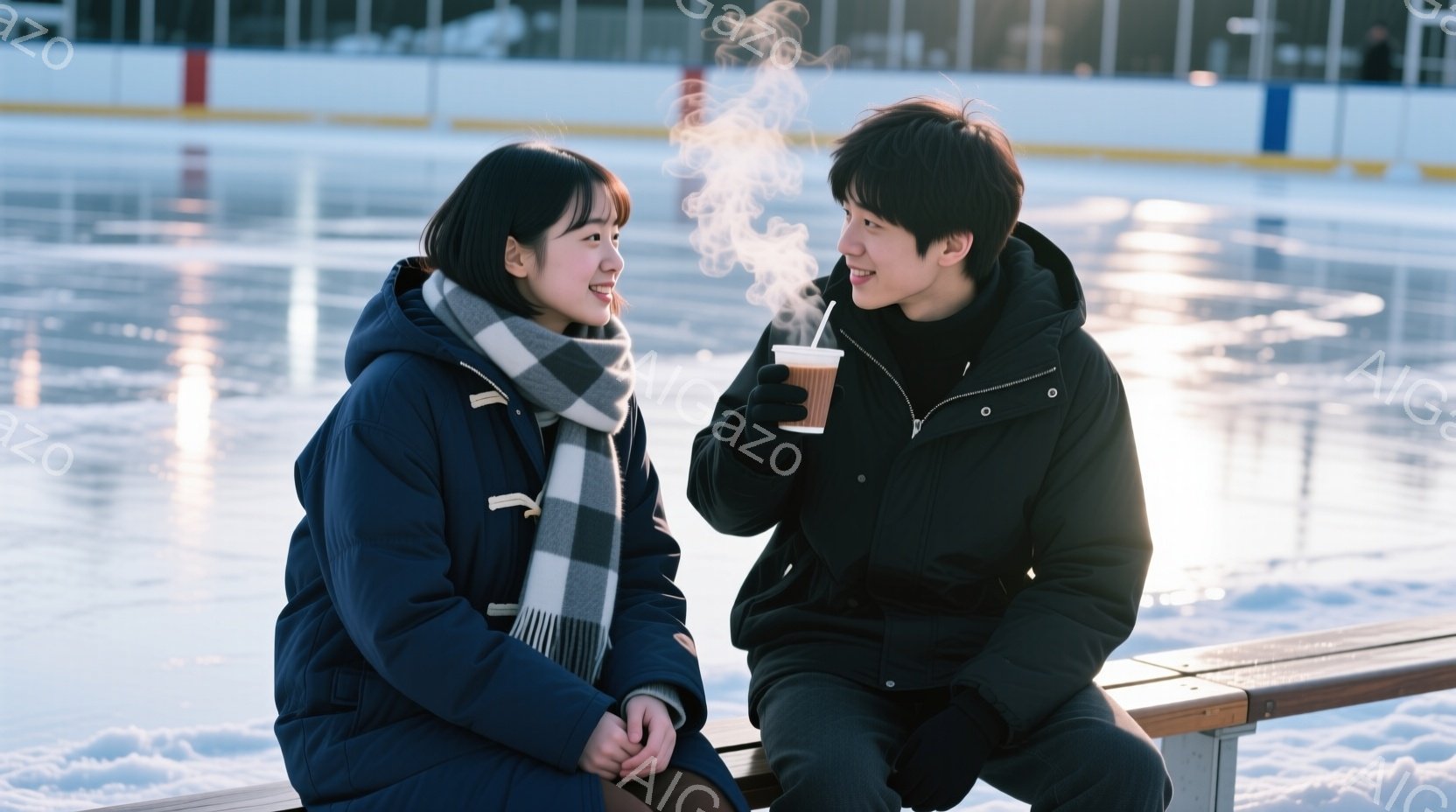 紺色のパディングジャケットにチェック柄のマフラーを巻いた女性と、黒いジャケットを着た男性がベンチに座り、互いに顔を見合わせて微笑んでいます。男性は紙コップに入った温かい飲み物を手に持ち、湯気が立ち上っています。背景はスケートリンクで、氷面が光り輝き、晴れた冬の日の穏やかな雰囲気を醸し出しています。