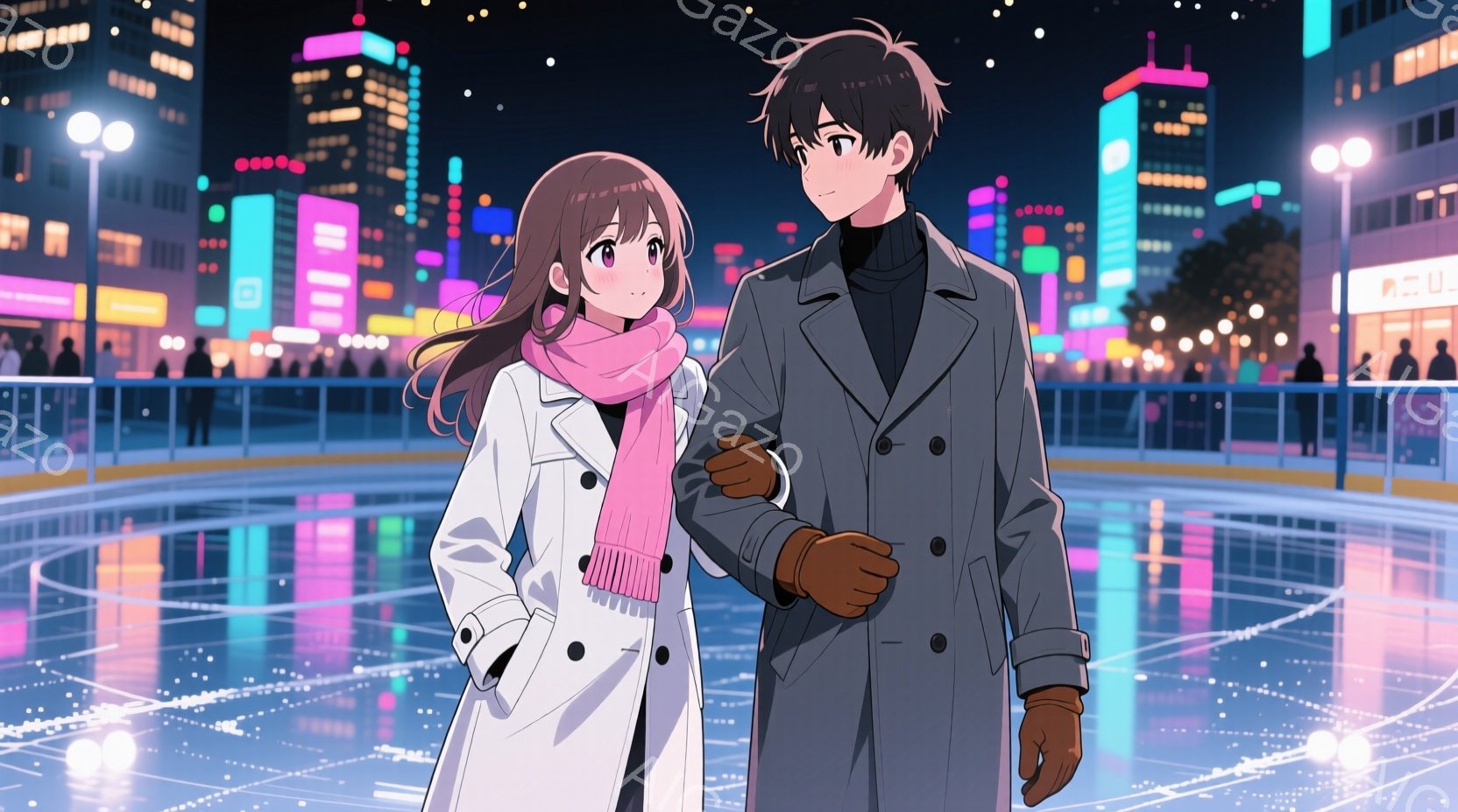 少女は白のロングコートとピンクのマフラーを着用し、茶色の長い髪をなびかせています。少年は黒のコートに茶色の手袋をはめ、少し微笑んでいます。二人はアイススケートリンクを歩いており、背景にはカラフルなネオ - AI生成フリー素材