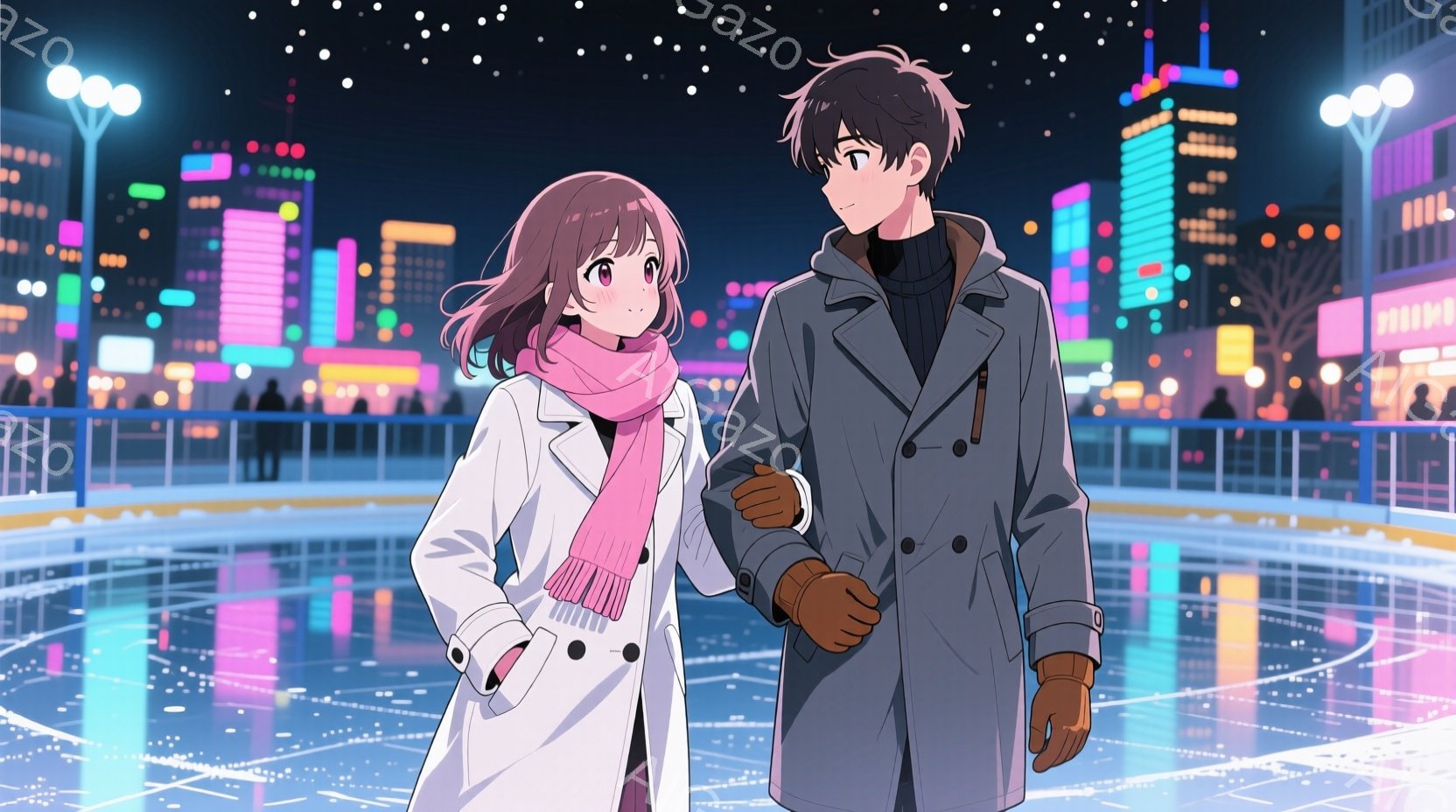 アイススケートリンクで寄り添って歩く男女が描かれています。女性はピンクのスカーフと白いコートを着ており、髪は肩までの長さの茶色で、少し微笑んでいます。男性は黒のセーターとグレーのコート、茶色の手袋を着 - AI生成フリー素材