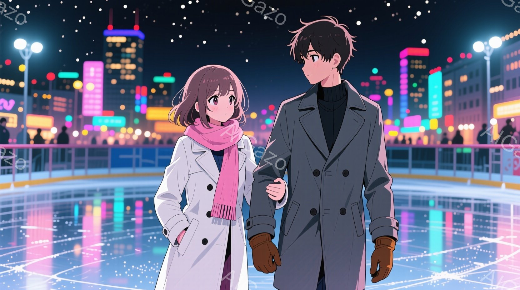 若い男女が手をつないでスケートリンクを歩いている様子が描かれています。女性は明るいピンクのストールと白いコートを着ており、茶色のゆるふわヘアスタイルです。男性は黒いセーターとロングコートを着ており、二 - AI生成フリー素材