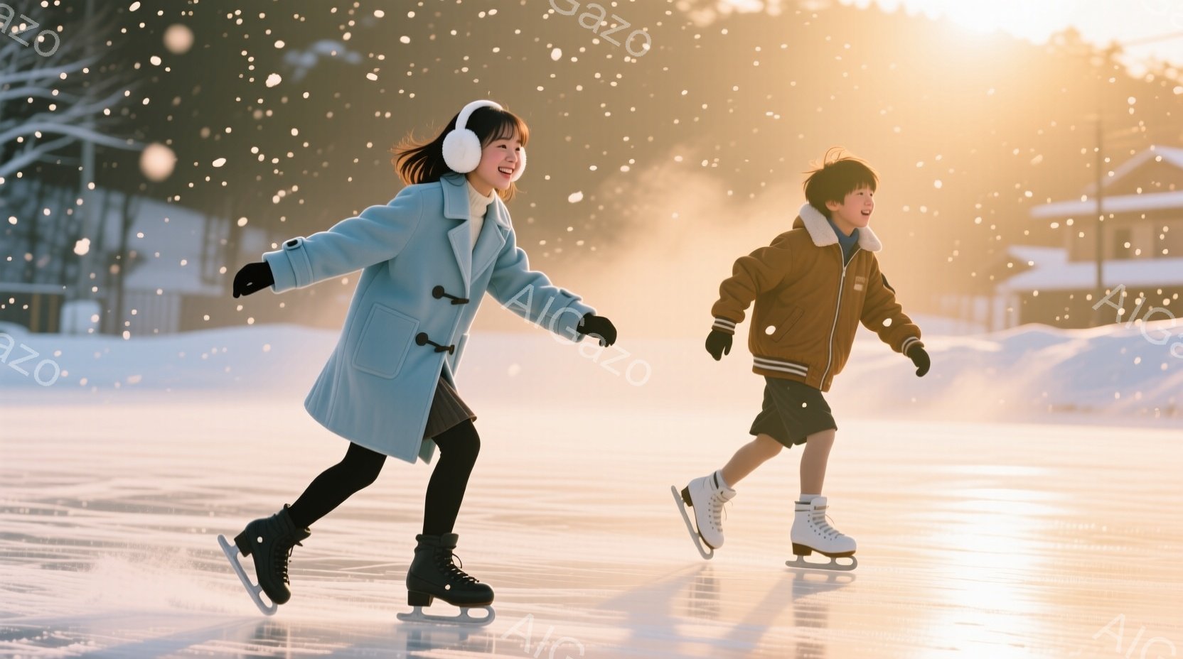 少女は水色のコート、少年は茶色のジャケットを着て、氷上を滑っている。二人は笑顔で、活気に満ちた冬の風景の中で楽しんでいる様子が伝わる。背景には雪に覆われた木々や建物があり、空は夕焼けのような暖かい光で - AI生成フリー素材
