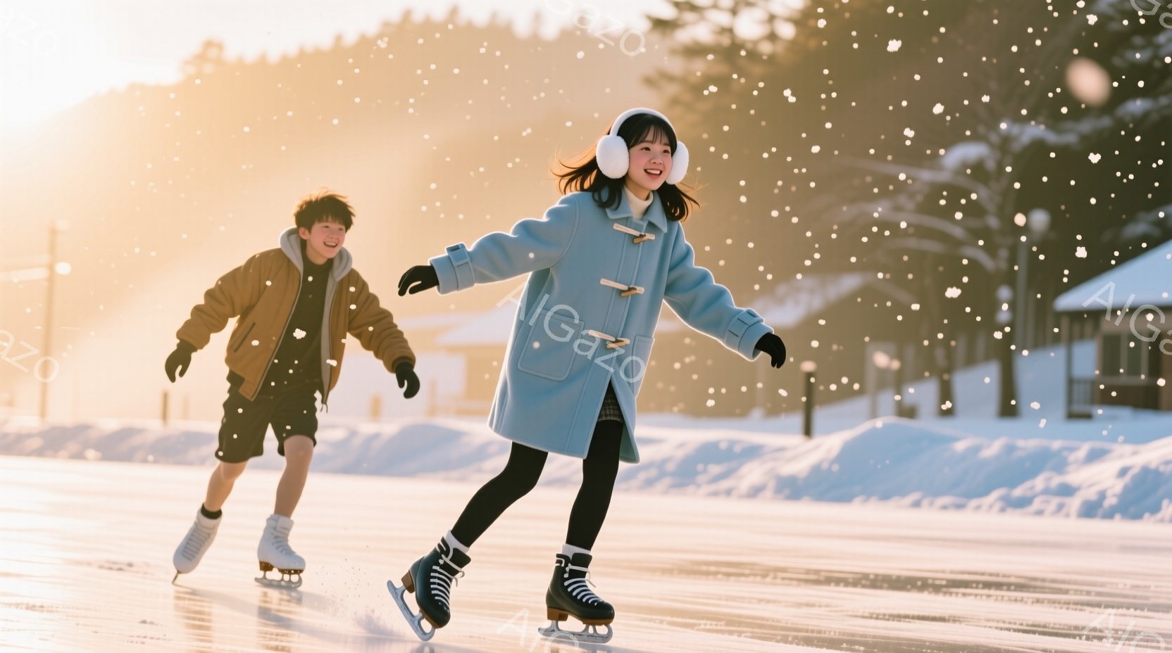 少女は明るいブルーのコートを着て、黒いタイツとスケート靴を履き、笑顔で氷上を滑っている。少年は、オレンジ色のジャケットと黒い短パン姿で、同じく氷上を滑っており、二人とも楽しそうな表情をしている。背景に - AI生成フリー素材