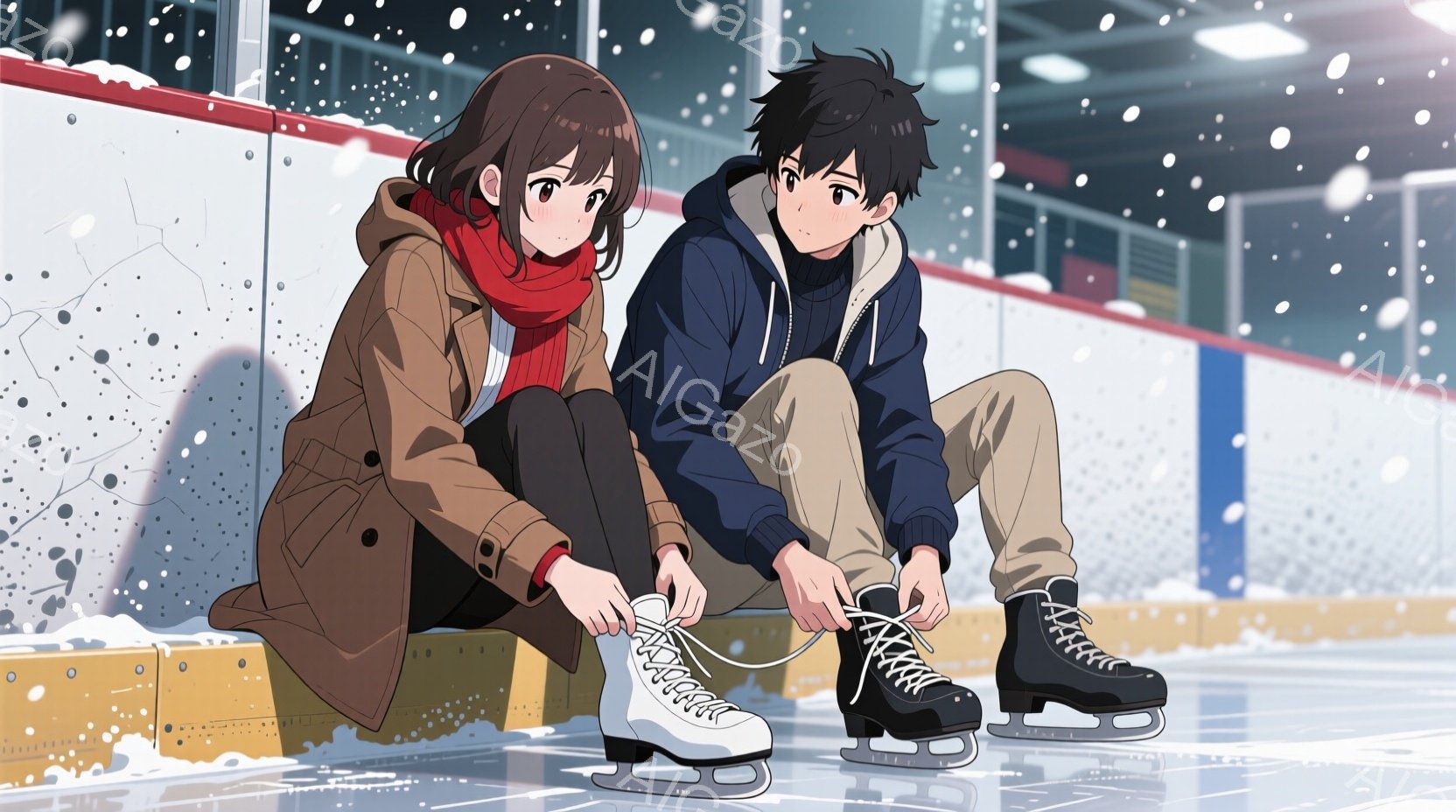 少女はカーキ色のジャケットと赤いマフラーを着用し、スケート靴の紐を結んでいます。少年は濃い青色のジャケットとベージュ色のズボンを身につけ、同じようにスケート靴の紐を結んでいます。背景にはアイススケート - AI生成フリー素材