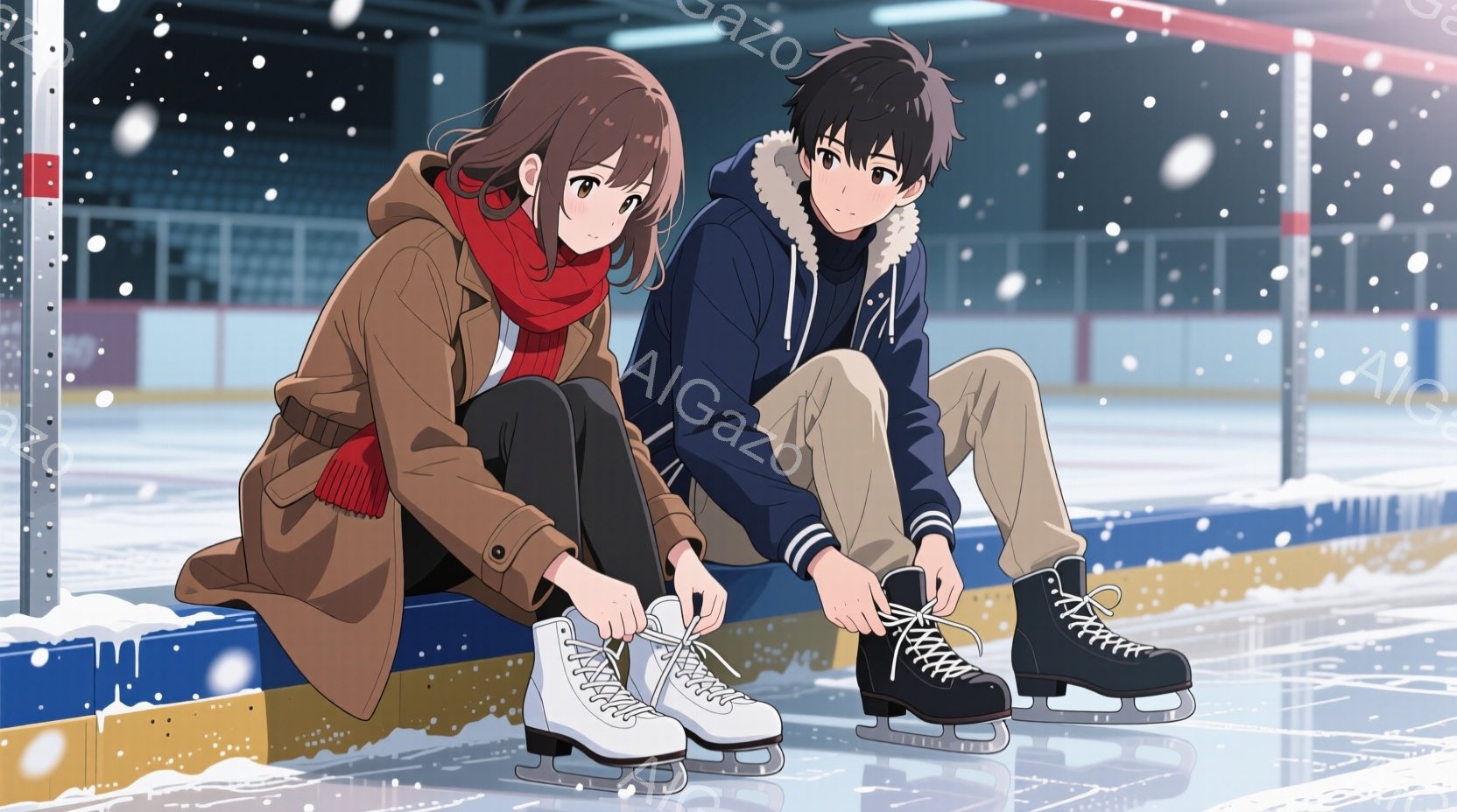 アイススケートリンクの縁に座り、スケート靴の紐を結んでいる若い男女が描かれています。女性は茶色のコートに赤いマフラーを巻き、肩までの茶色の髪をしています。男性は紺色のジャケットを着ており、黒髪で、どちらも少し緊張した、しかし穏やかな表情をしています。