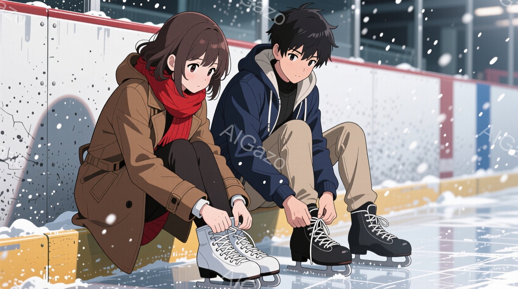 少女は茶色のトレンチコートと黒いレギンス、赤いマフラーを身につけ、アイススケートの紐を締めようとしています。少年は濃い青色のパーカー、ベージュ色のズボンを着用し、同じようにスケートの準備をしています。 - AI生成フリー素材