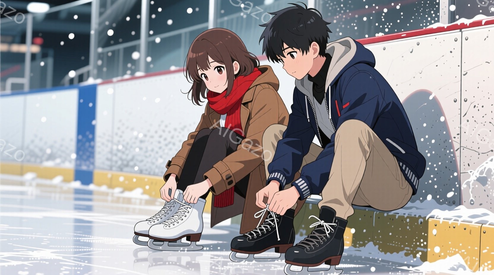 氷上にて、若い男女がスケート靴の紐を結んでいます。女性は茶色の髪をサイドに流し、赤いマフラーと茶色のジャケットを着ています。男性は黒髪で、紺色のパーカーとベージュのズボンを着用し、真剣な表情で靴紐を結んでいます。