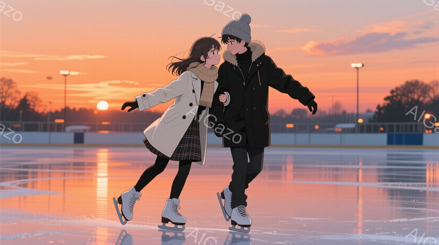 はい、承知いたしました。画像について説明します。 、スケートリンクで手をつないで滑る男女のイラストです。女性はロングコートとチェックのスカートを着ており、ブラウンの長い髪をなびかせています。男性は黒いコートと帽子をかぶり、少し微笑んでいます。