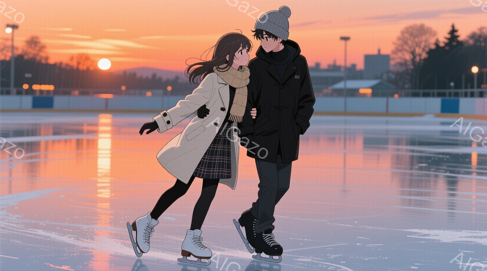 リンクの上で、若い男女が手をつないでスケートを楽しんでいる様子が描かれています。女性は白いコートとチェックのスカート、男性は黒いコートとパンツを着用し、夕焼け空の下、お互いに寄り添いながら滑っています - AI生成フリー素材