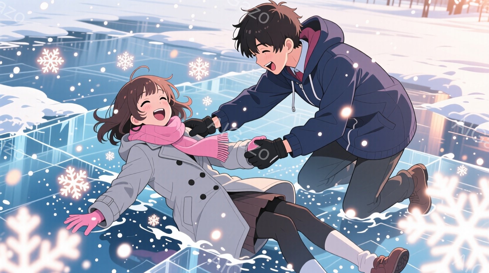 雪が舞う中で、少女が氷上で滑って転び、少年が彼女を助けようと手を伸ばしている様子が描かれている。少女はピンクのストールと黒いコートを着ており、髪は茶色で少しカールしている。少年は黒いジャケットとズボン - AI生成フリー素材
