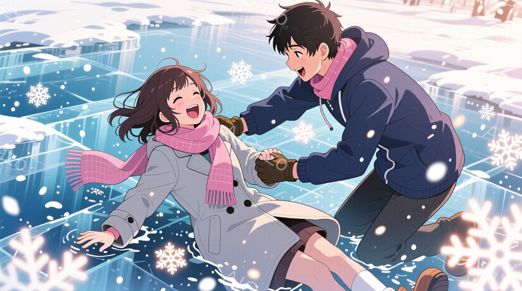 雪が降る中、若い女性が滑って倒れ、男性が彼女の手を掴んで支えようとしている場面です。女性はピンクのストールを首に巻き、白いコートを着ており、男性は紺色のジャケットと黒いズボンを着用しています。背景には雪景色が広がり、暖かい雰囲気と少しコミカルな状況が描かれています。