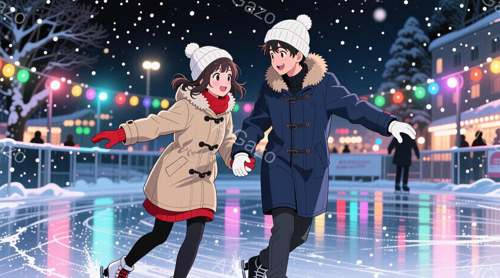 スケートリンクでスケートをする若い男女が描かれています。女性はベージュ色のコート、赤いセーター、黒いスカートを着用し、頭には白いニット帽を被っています。男性は濃い青色のコートを着ており、二人とも楽しそ - AI生成フリー素材
