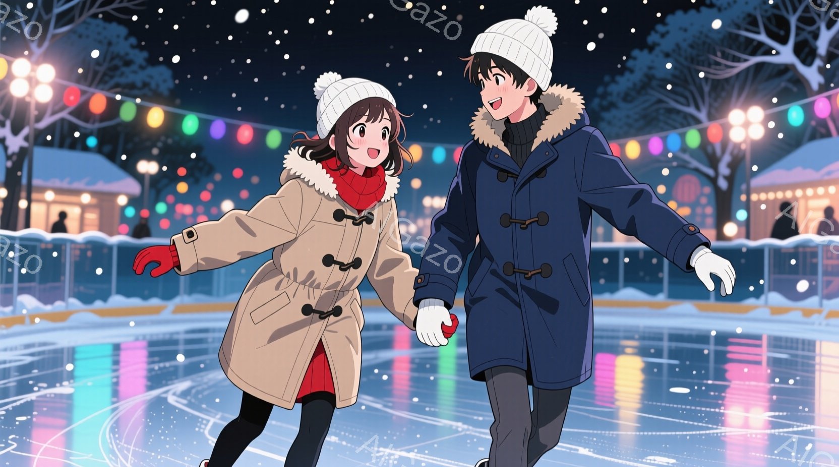アイススケートリンクで手をつないでスケートをする若い男女が描かれています。女性は赤いニット帽とベージュのコート、赤いマフラーを着用し、笑顔で前を見つめています。男性は黒いニット帽と濃い青色のコートを着 - AI生成フリー素材