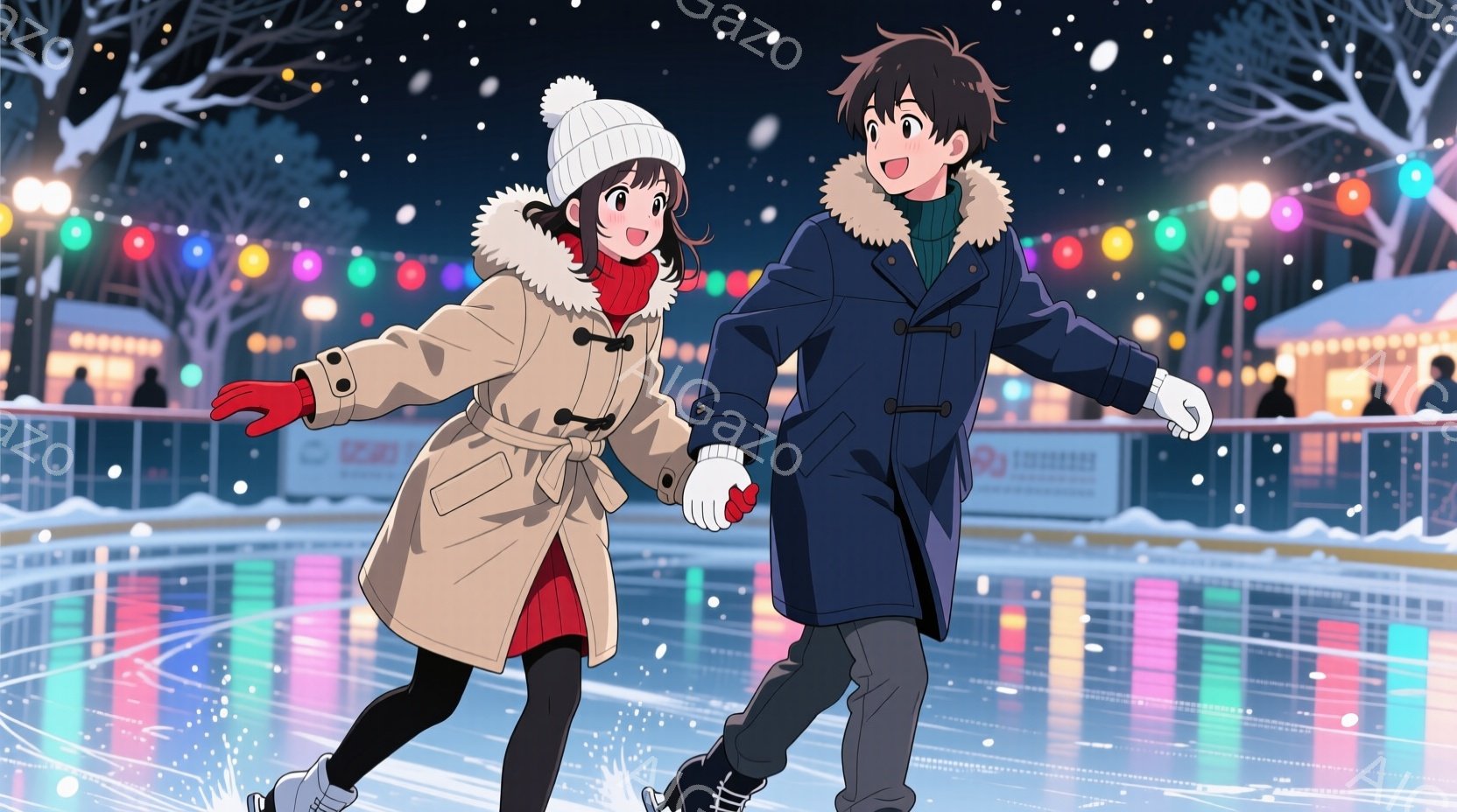 少女はクリーム色のファー付きのジャケットと赤いニット帽を着用し、男の子は黒いコートを着ています。二人はアイススケートリンクで手をつないで滑っており、楽しそうな表情をしています。背景には、色とりどりのイ - AI生成フリー素材