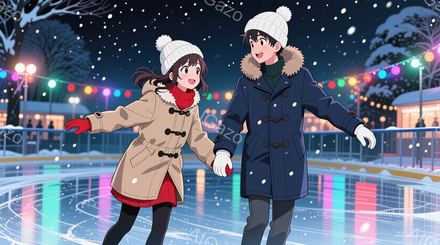 スケートリンクで手をつないでスケートをする若い男女が描かれています。女性は黒髪のボブヘアで、クリーム色のコート、赤いマフラー、黒いタイツを着用し、楽しそうな笑顔を浮かべています。男性は黒髪で、濃い青色 - AI生成フリー素材