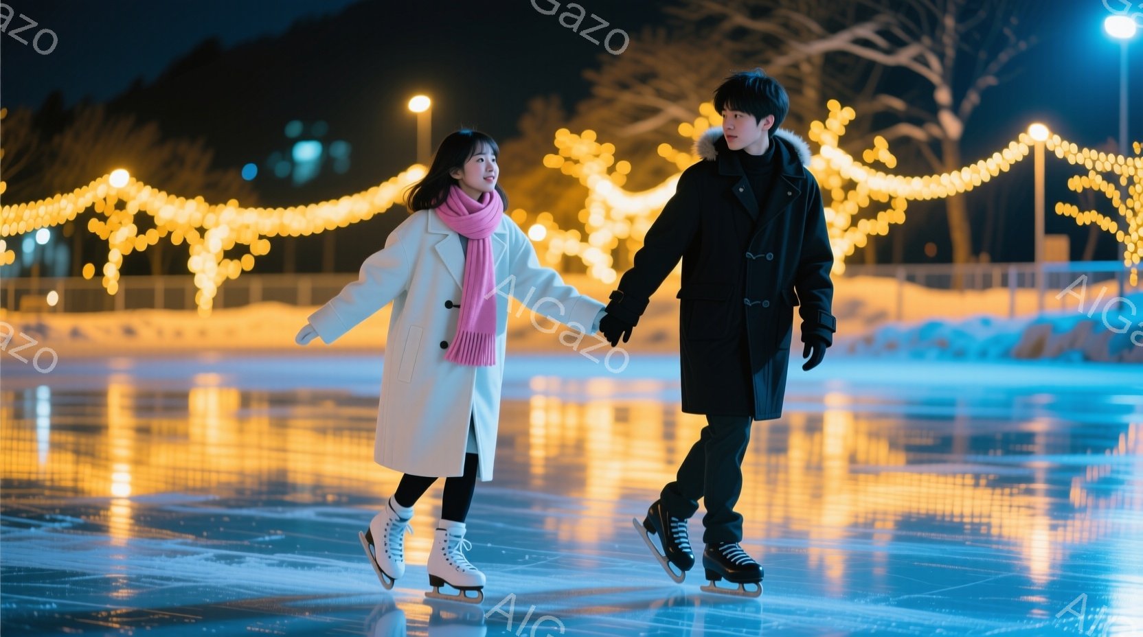 白いコートを着た女性と黒いコートを着た男性がアイススケートリンクで手をつないで滑っている。女性はピンク色のマフラーを巻いており、男性は黒い手袋を着用している。背景にはキラキラと輝くイルミネーションが並 - AI生成フリー素材