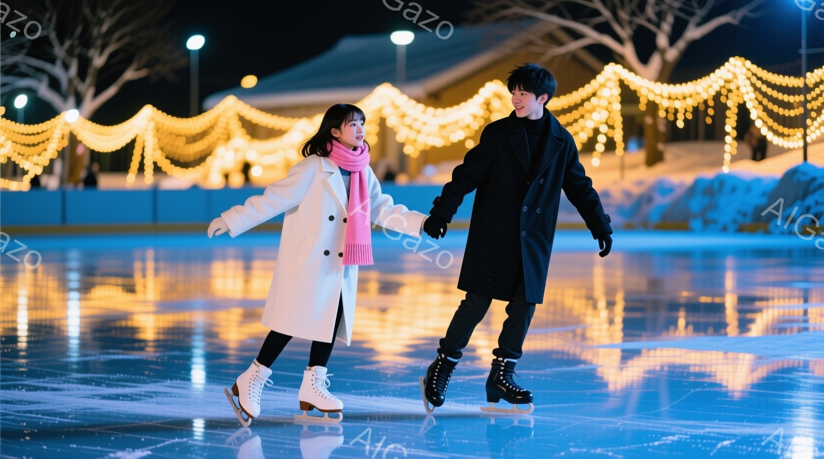 屋外のスケートリンクで手をつないで滑っている若い男女です。女性は白いコートとピンクのマフラーで、男性は黒いコートで身を包み、笑顔で楽しそうに滑っています。背景には、ライトアップされた建物と木々がぼやけ - AI生成フリー素材