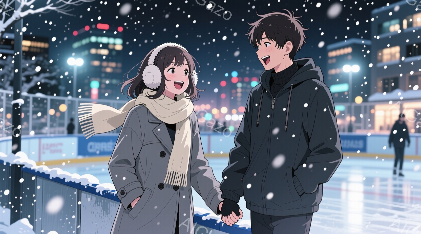 雪が降る夜のスケートリンクで寄り添う若い男女が描かれています。女性はベージュのコートにマフラーを巻き、耳当てを付けて微笑んでおり、男性は黒いジャケットを着て、少し照れくさそうに女性を見つめています。背景には、ライトアップされた建物と氷上でスケートを楽しむ人々の姿があり、全体的に温かくロマンチックな雰囲気を醸し出しています。