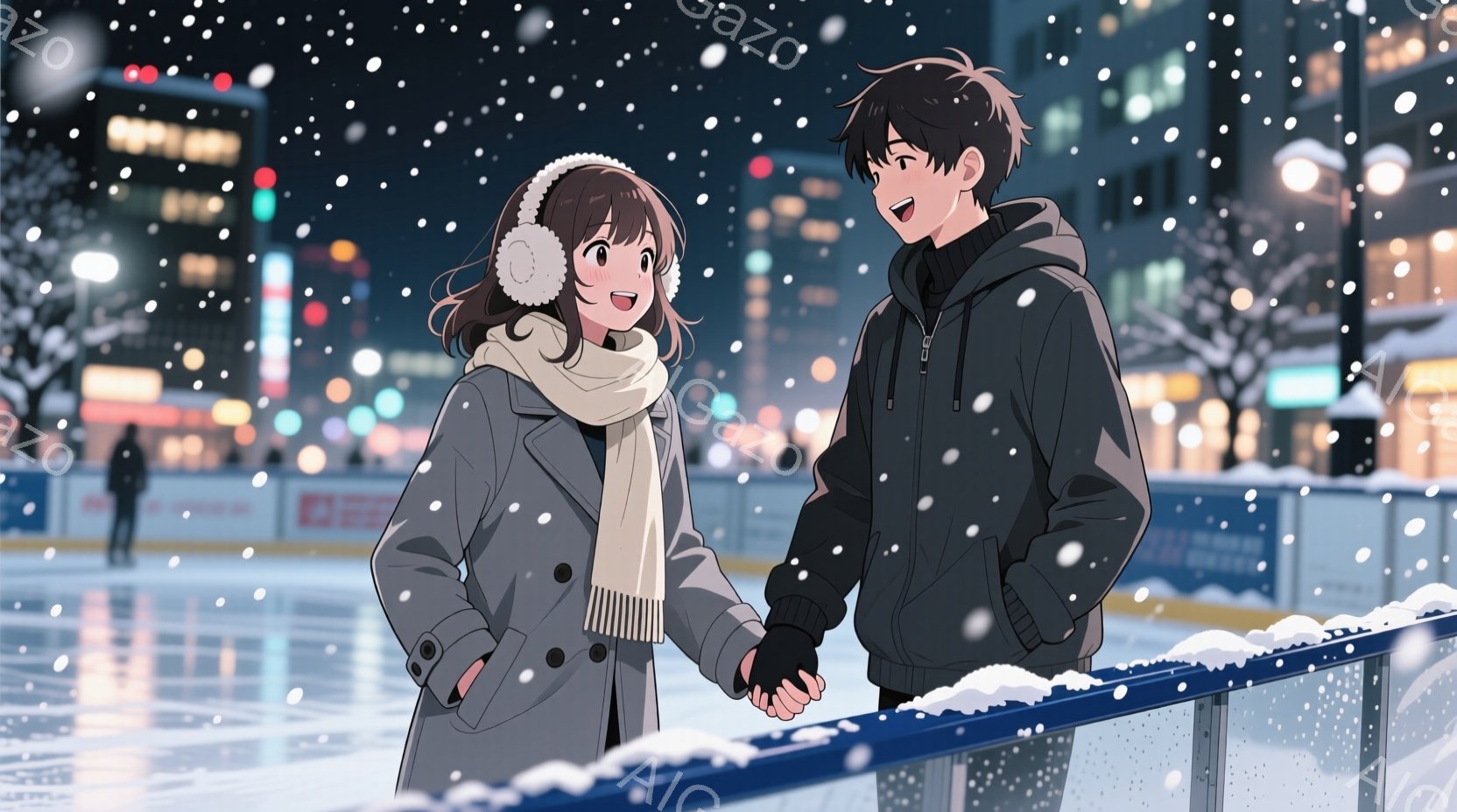 はい、画像を詳しく説明します。 雪が降る夜のスケートリンクで、若い男女が手をつないで楽しんでいます。女性は茶色の巻き毛で、ヘッドフォンとマフラーをつけ、黒いコートを着ています。男性は黒髪で、カジュアルな冬の服装に身を包み、顔には笑顔が見られます。背景には、ぼんやりと光る街並みやスケートリンクの柵、そして降り積もる雪が描かれており、温かくロマンチックな雰囲気を醸し出しています。