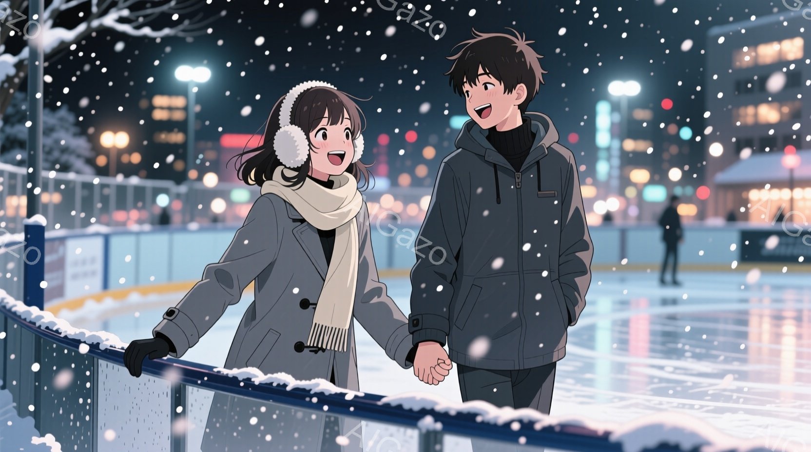 スケートリンクの縁で若い男女が手をつないで立っている。女性は黒髪で、耳当てとマフラーを身につけ、黒いコートを着ている。男性はダークブラウンの髪で、黒いパーカーを着ており、二人は微笑んでいて、周囲は雪が舞い、リンクの明かりが反射して幻想的な雰囲気を作り出している。