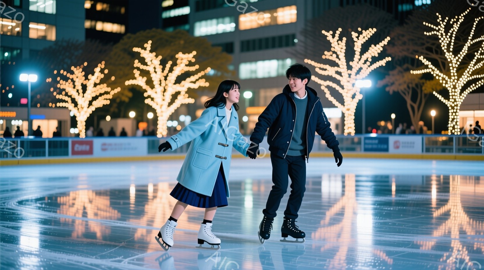 アイススケートリンクで、若い男女が手をつないで滑っている様子が写っている。女性は水色のコートに紺色のスカート、男性は黒のジャケットとパンツ姿で、ともに白い手袋とスケート靴を履いている。背景にはイルミネ - AI生成フリー素材