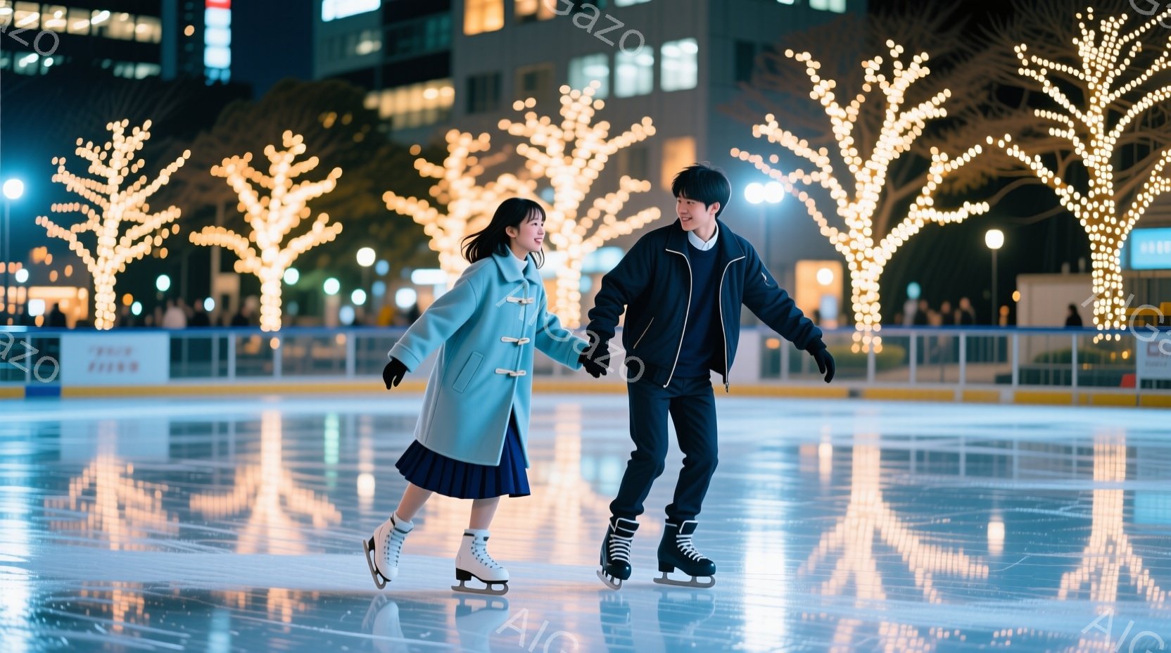 スケートリンク上で、若い女性と男性が手をつないでスケートを楽しんでいる様子が写っている。女性は水色のコートに紺色のスカート、男性は黒いジャケットにジーンズ姿で、楽しそうな表情をしている。背景には、光り輝くイルミネーションの木々と、ぼんやりと見える建物があり、冬の夜の温かい雰囲気を醸し出している。