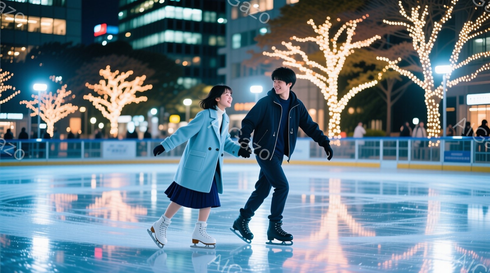 若い男女がアイススケートリンクで手をつないで滑っている。女性は水色のコートと紫色のスカート、男性は黒いジャケットを着ており、それぞれ白いスケート靴を履いている。背景には、夜の街並みとイルミネーションで - AI生成フリー素材
