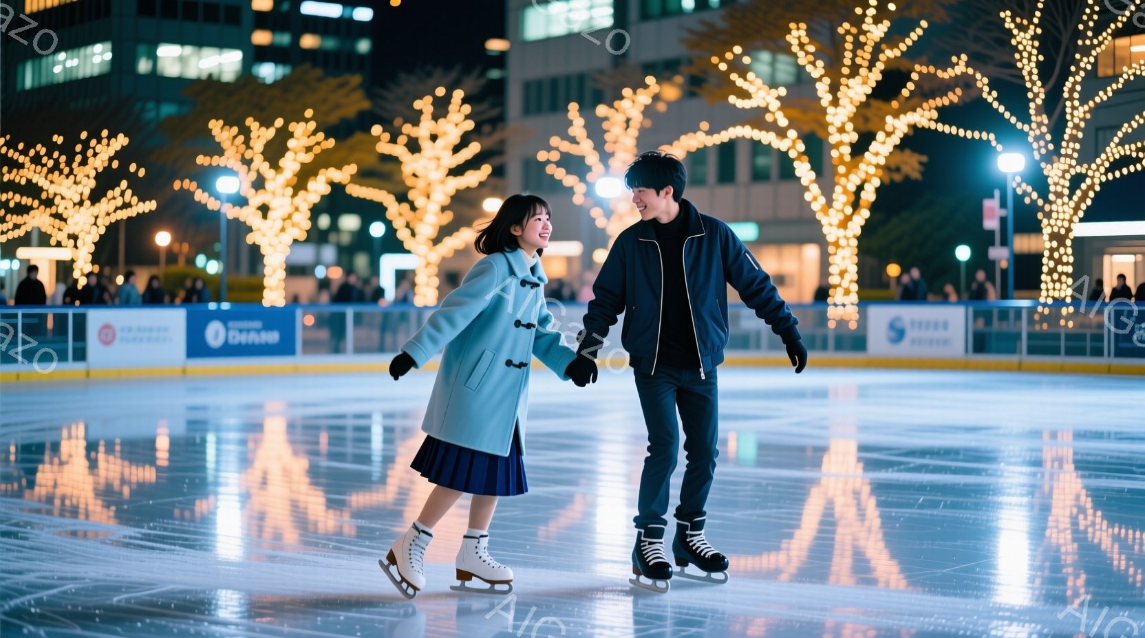 アイススケートリンクで、若い女性と男性が手をつないで滑っている様子が写っています。女性は水色のコートに紫色のスカート、男性は濃い青色のジャケットにジーンズ姿で、ともに笑顔を浮かべています。背景にはライ - AI生成フリー素材
